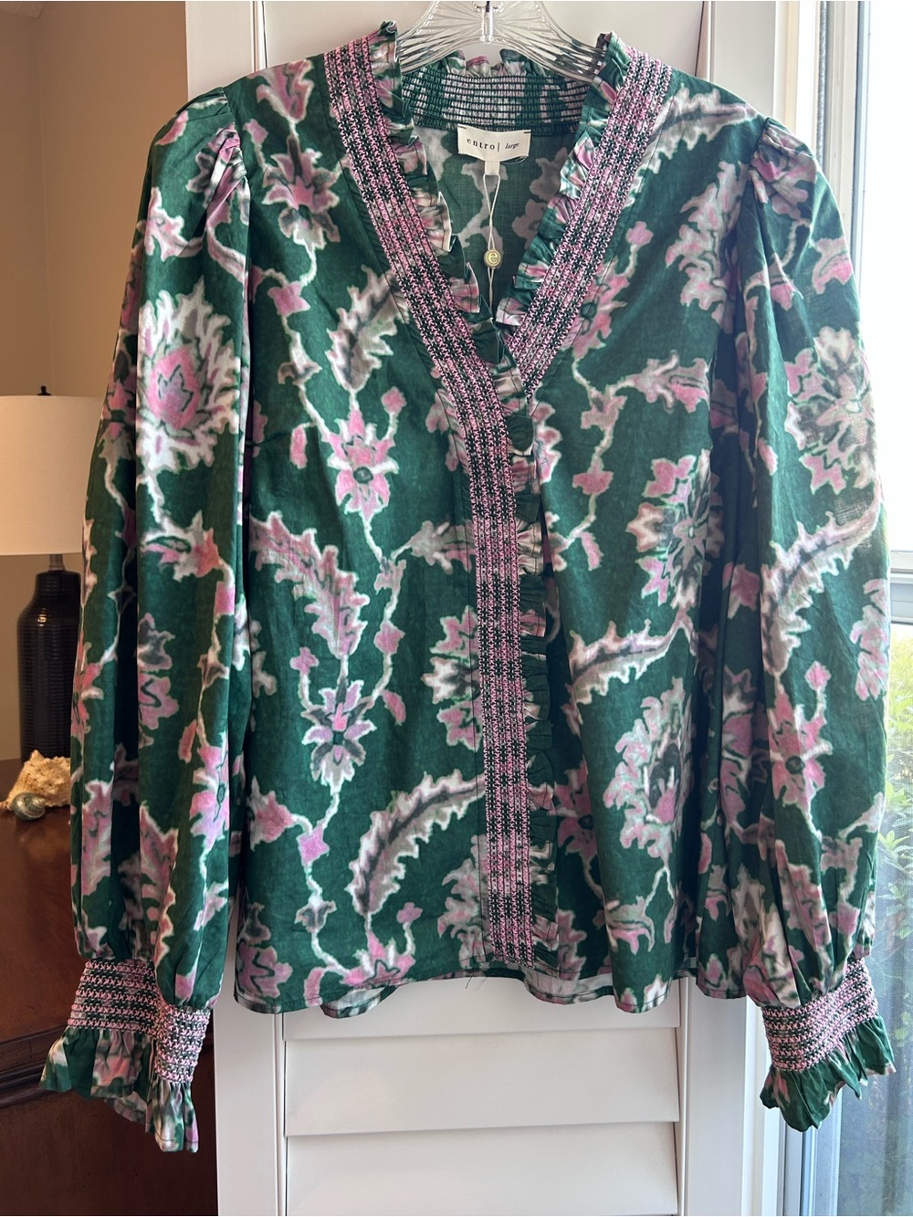 Entro Green Floral V-Neck Blouse with Pink Trim